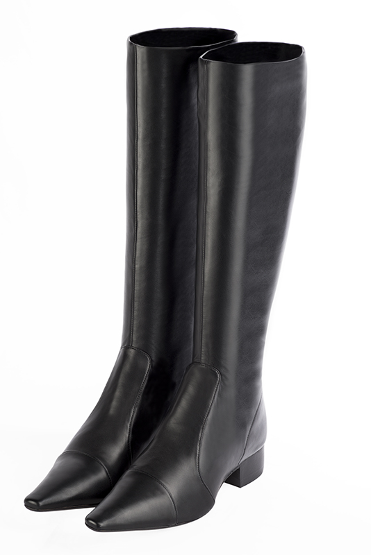 Satin black women's feminine knee-high boots. Tapered toe. Low leather soles. Made to measure. Front view - Florence KOOIJMAN
